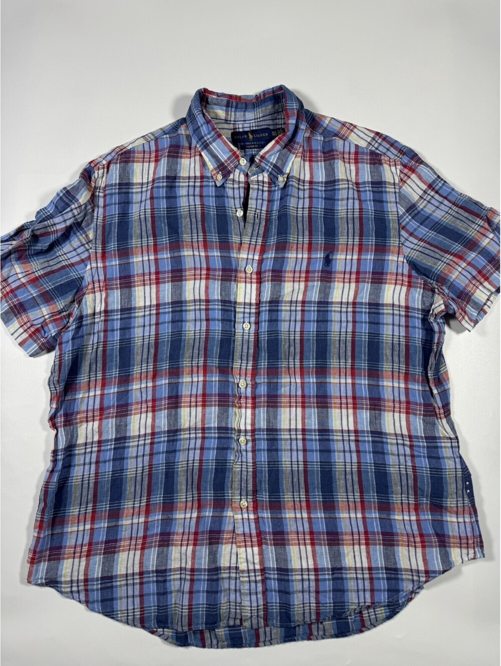 Polo Ralph Lauren Shirt Mens XXL Custom Fit 100% Linen Plaid Short Sleeve Pony